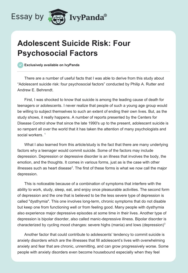 Adolescent Suicide Risk: Four Psychosocial Factors. Page 1