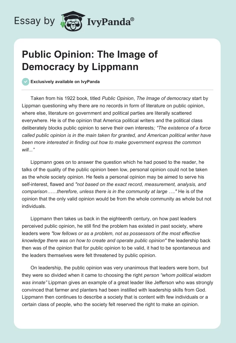 Public Opinion: The Image of Democracy by Lippmann. Page 1