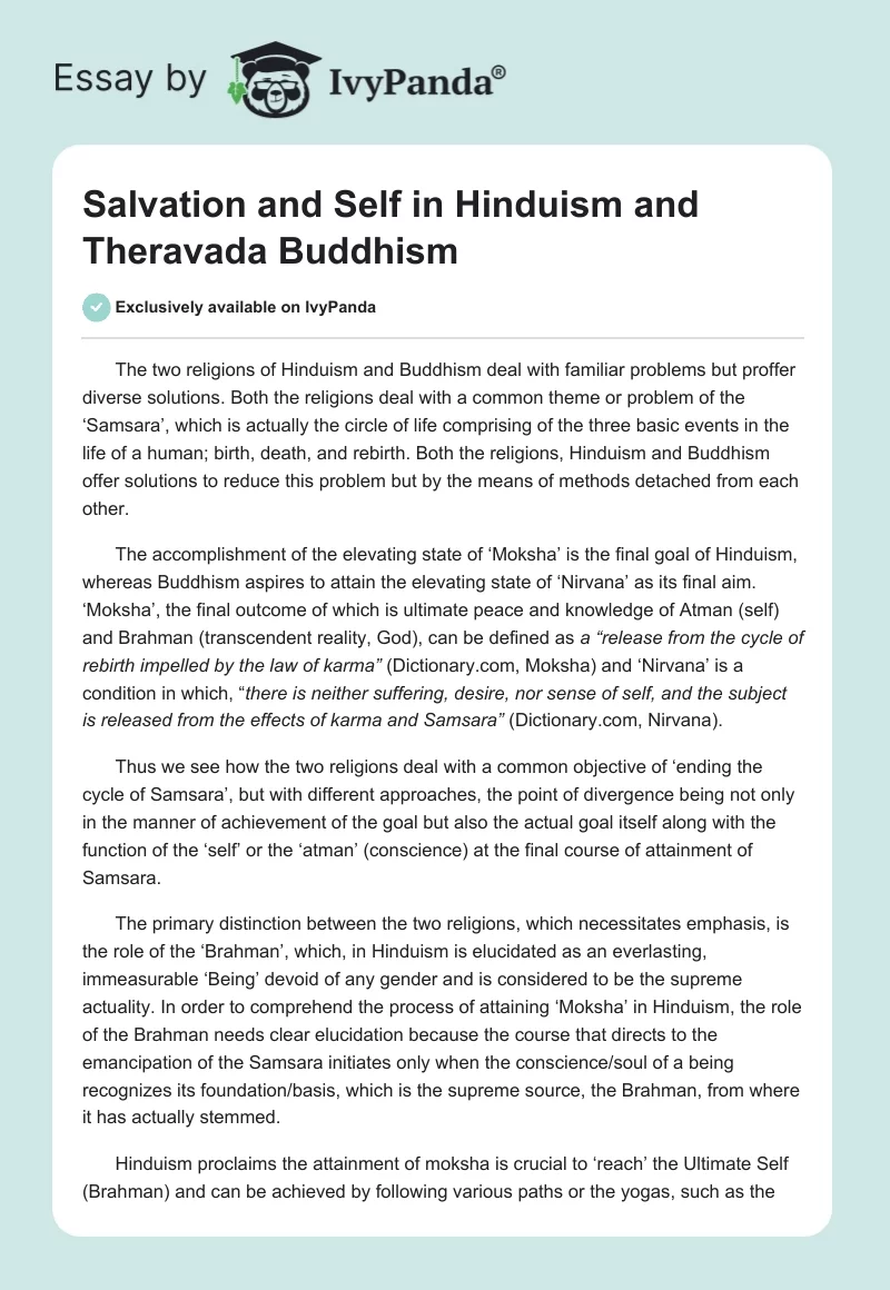 Salvation and Self in Hinduism and Theravada Buddhism. Page 1