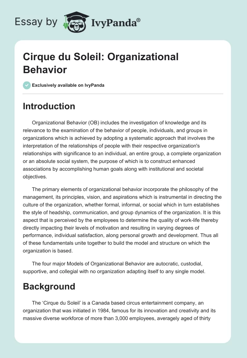 Cirque du Soleil: Organizational Behavior. Page 1
