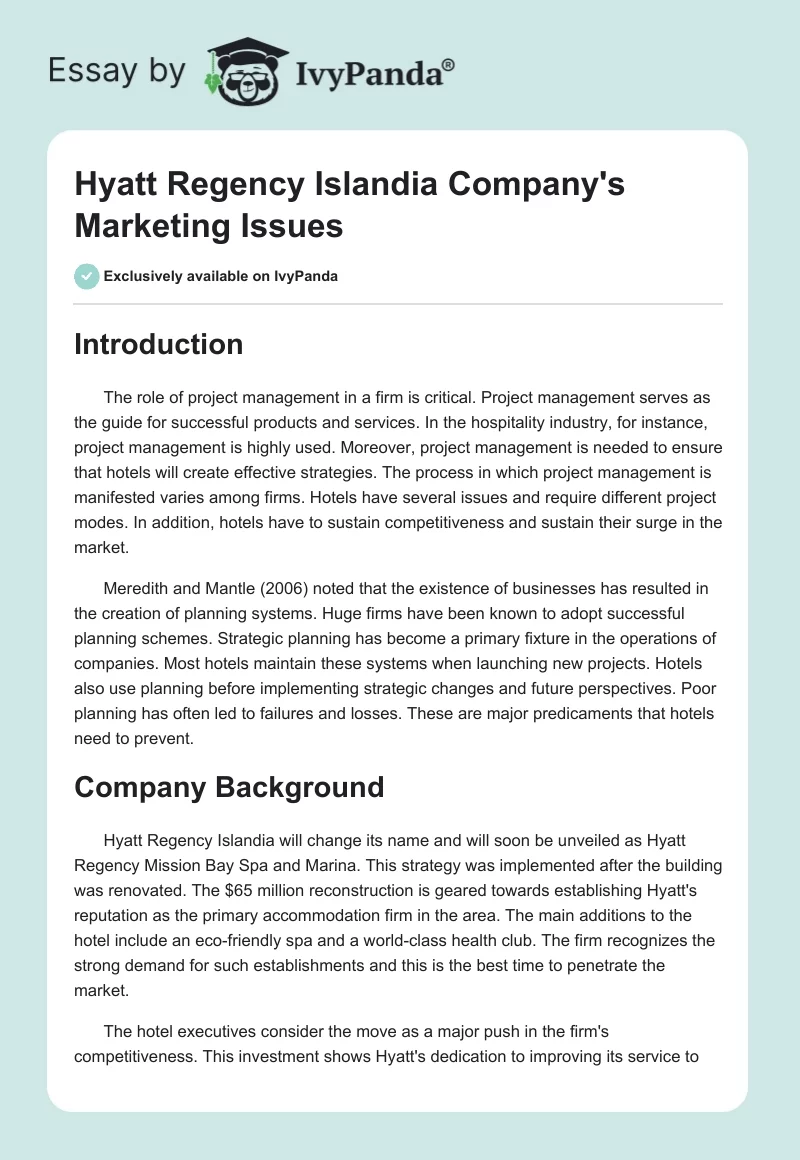 Hyatt Regency Islandia Company's Marketing Issues. Page 1