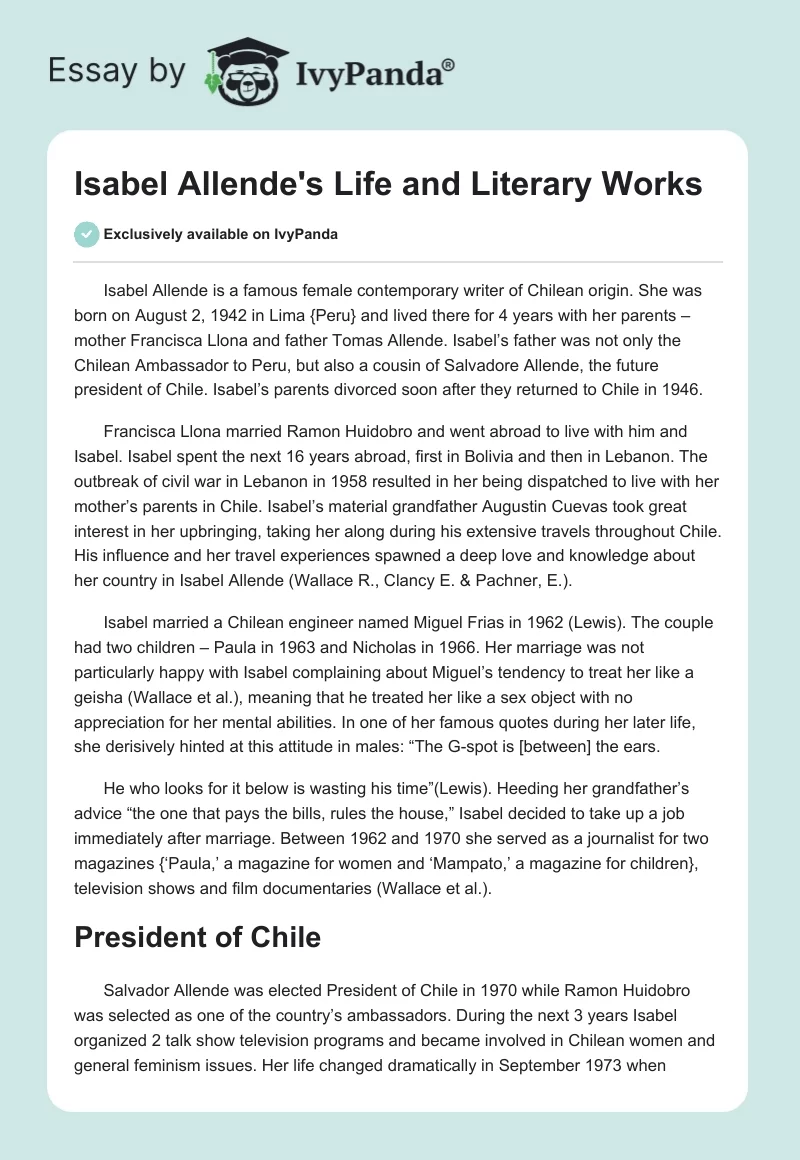 Isabel Allende's Life and Literary Works. Page 1