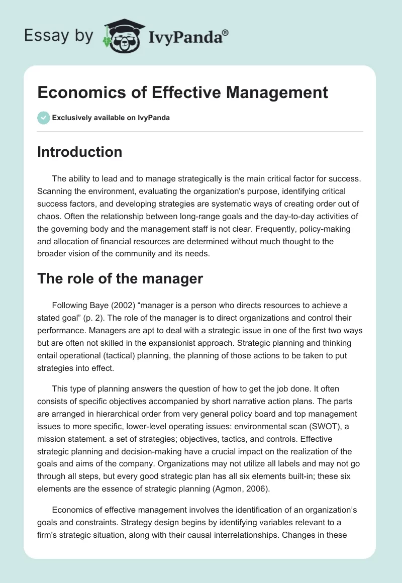 Economics of Effective Management. Page 1