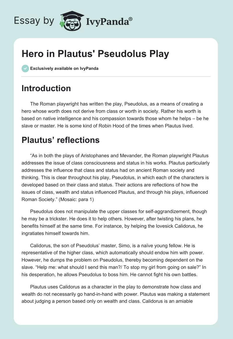 Hero in Plautus' "Pseudolus" Play. Page 1