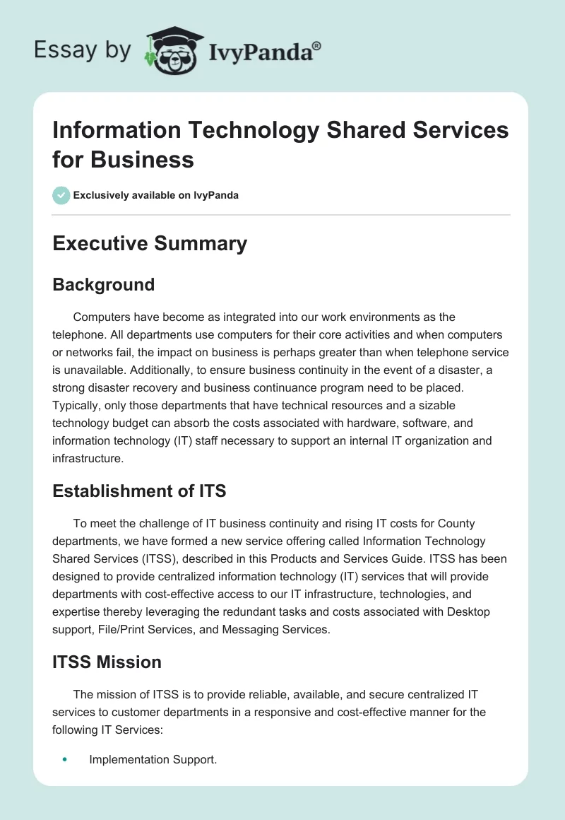 Information Technology Shared Services for Business. Page 1
