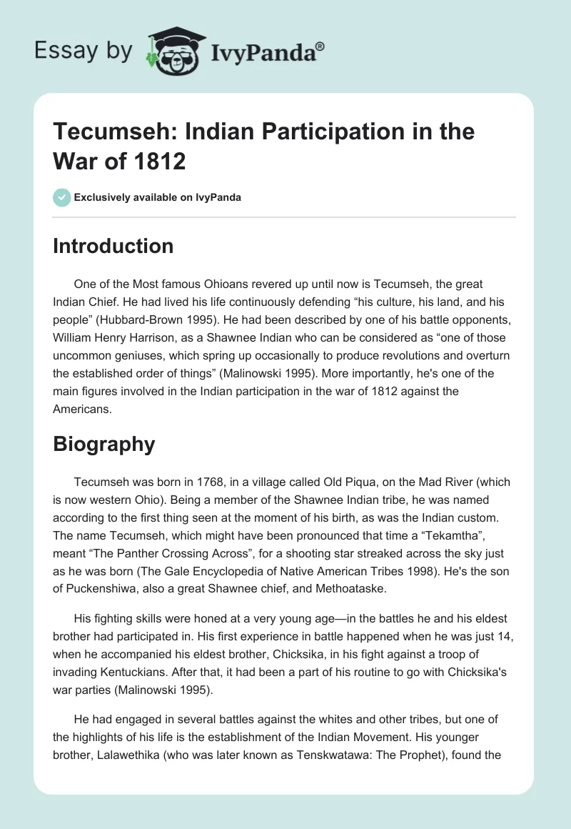 Tecumseh: Indian Participation in the War of 1812. Page 1