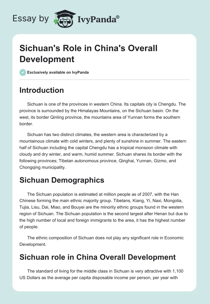 Sichuan's Role in China's Overall Development. Page 1