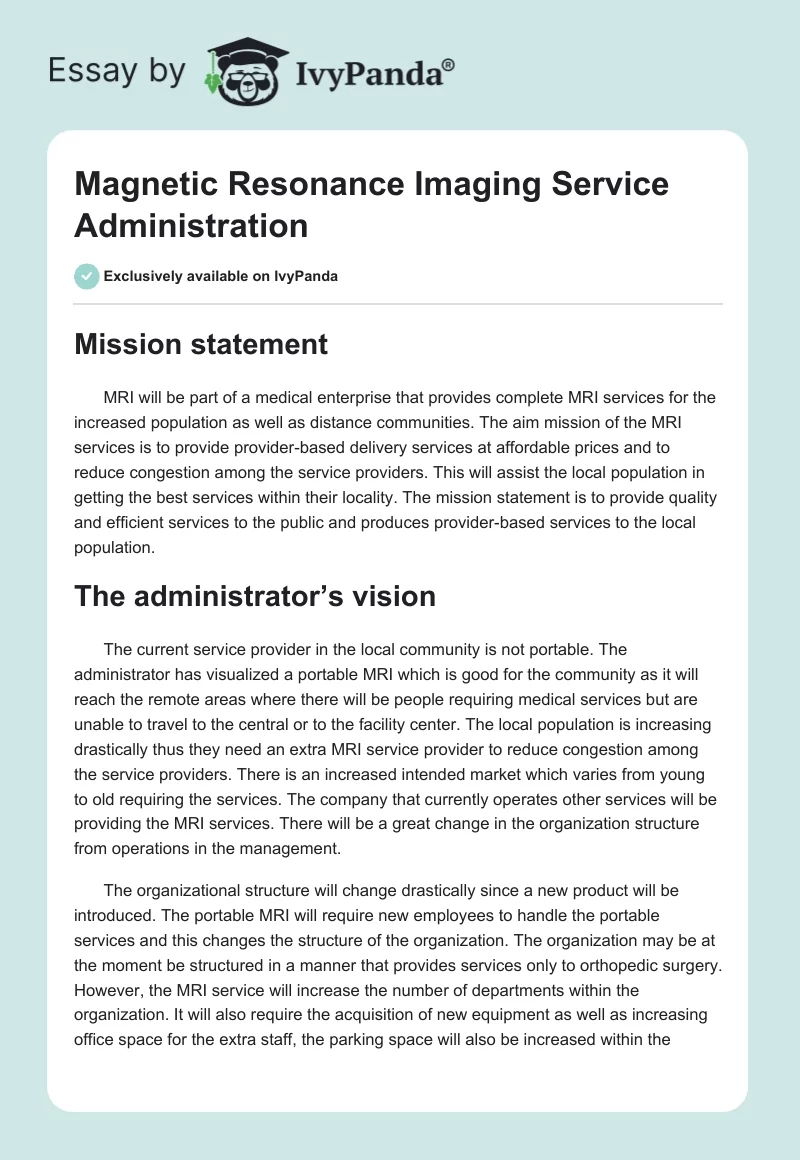 Magnetic Resonance Imaging Service Administration. Page 1