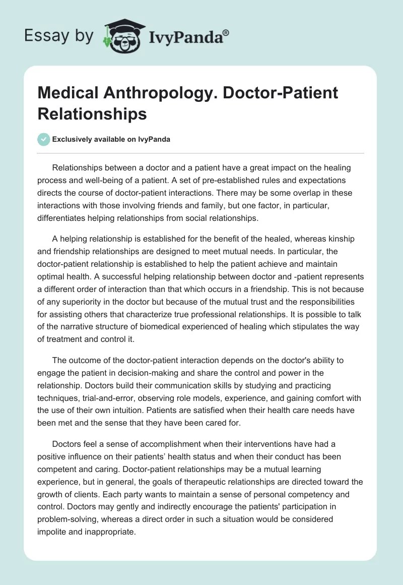 Medical Anthropology. Doctor-Patient Relationships. Page 1