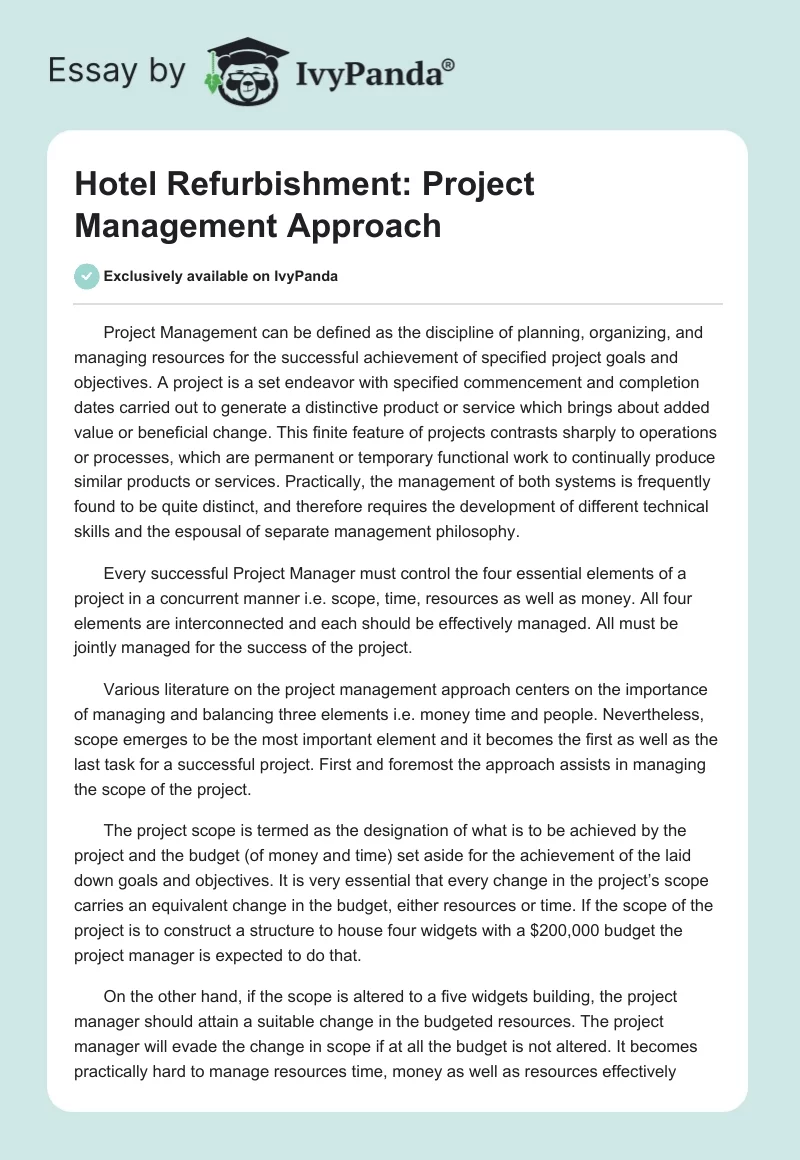 Hotel Refurbishment: Project Management Approach. Page 1