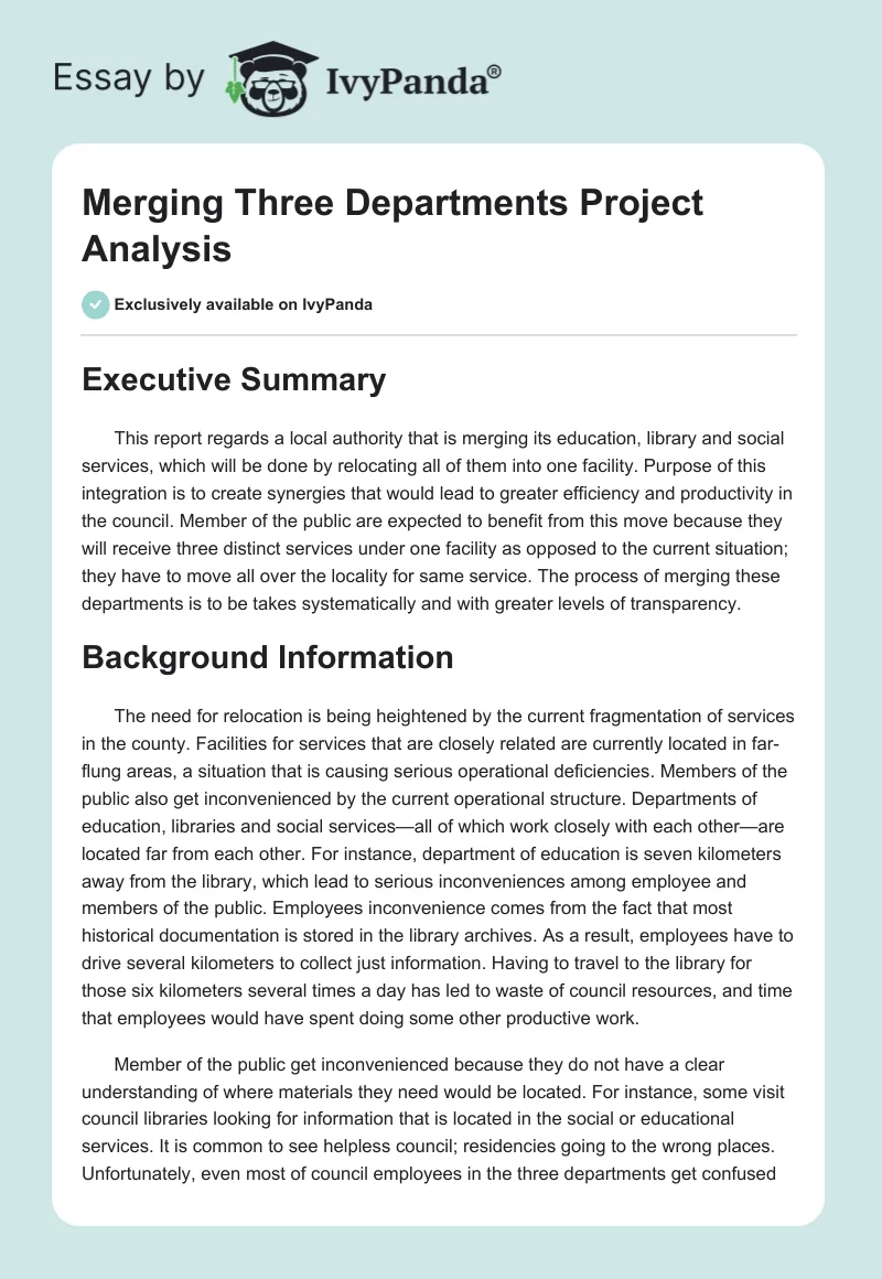 Merging Three Departments Project Analysis. Page 1