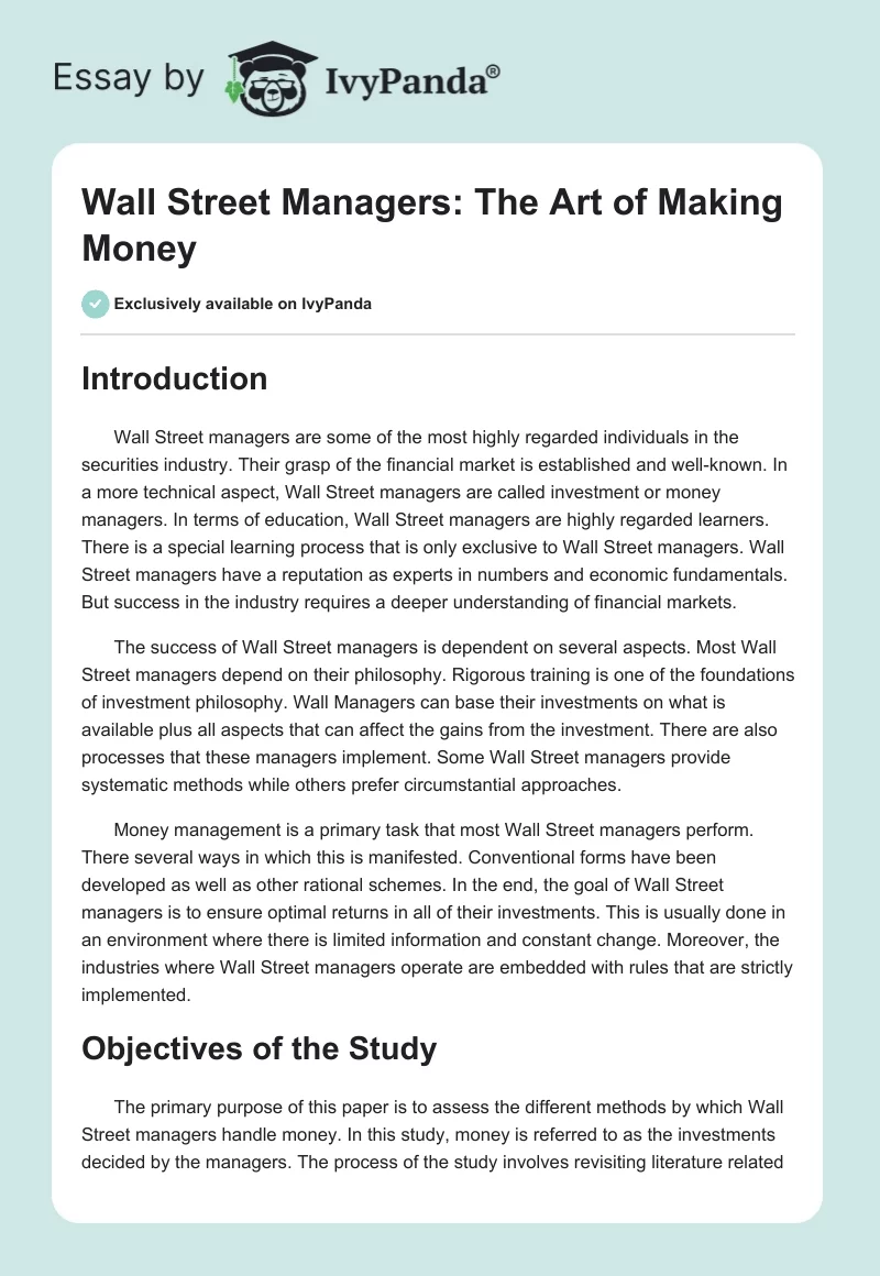 Wall Street Managers: The Art of Making Money. Page 1