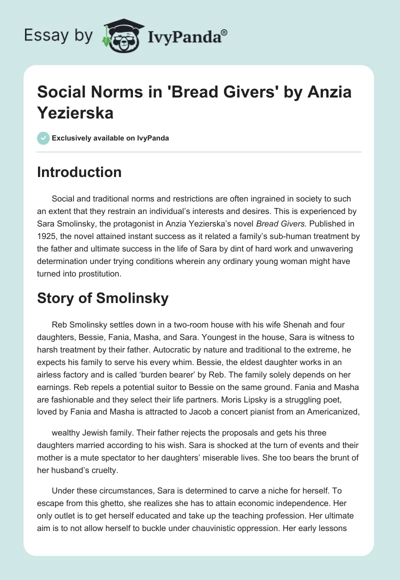 Social Norms in 'Bread Givers' by Anzia Yezierska. Page 1