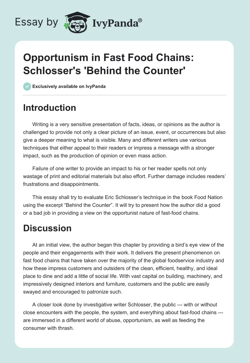 Opportunism in Fast Food Chains: Schlosser's 'Behind the Counter'. Page 1