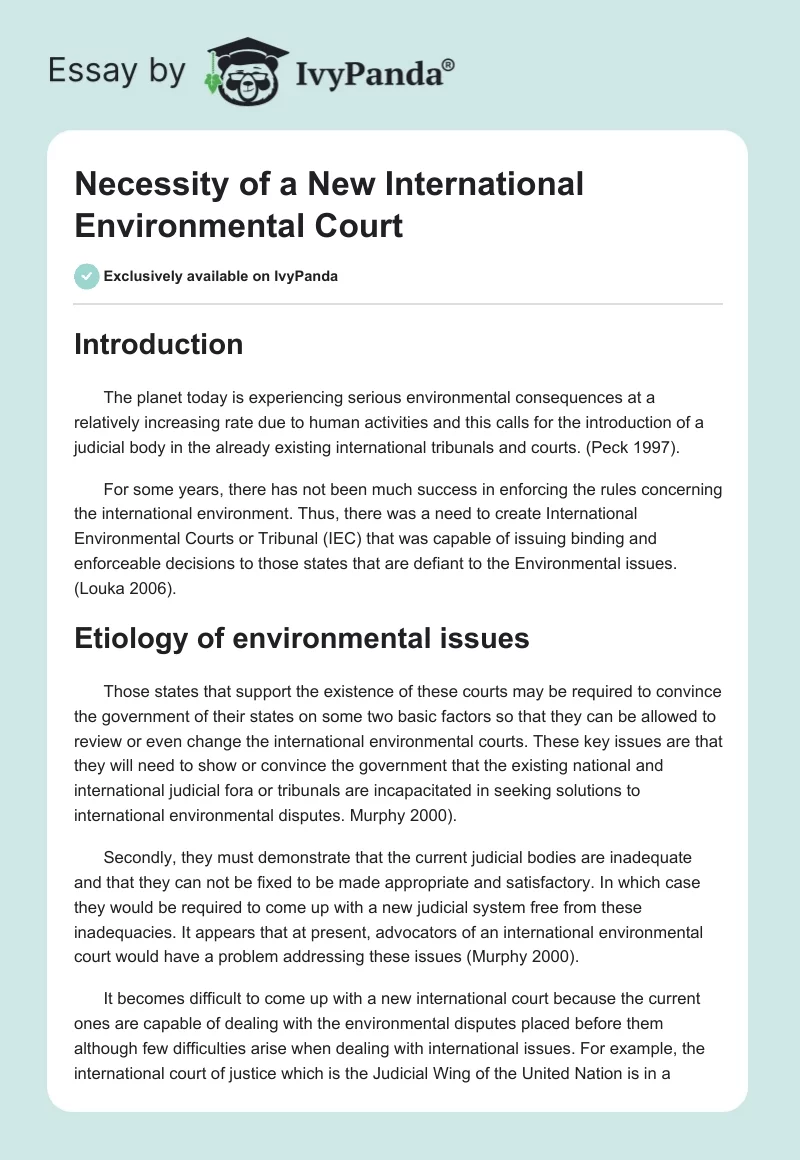 Necessity of a New International Environmental Court. Page 1