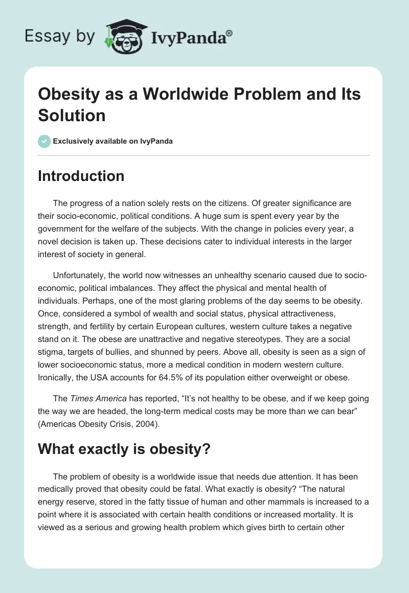 Obesity as a Worldwide Problem and Its Solution. Page 1