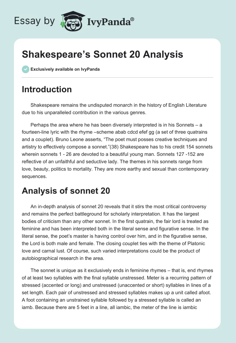 Shakespeare’s Sonnet 20 Analysis. Page 1