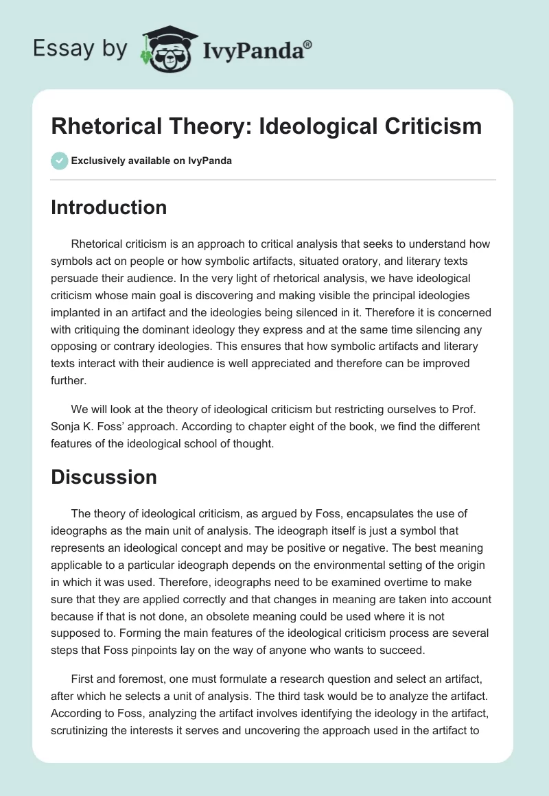 Rhetorical Theory: Ideological Criticism. Page 1