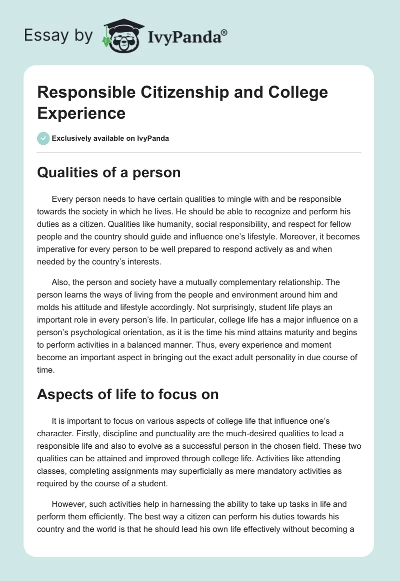 Responsible Citizenship and College Experience. Page 1