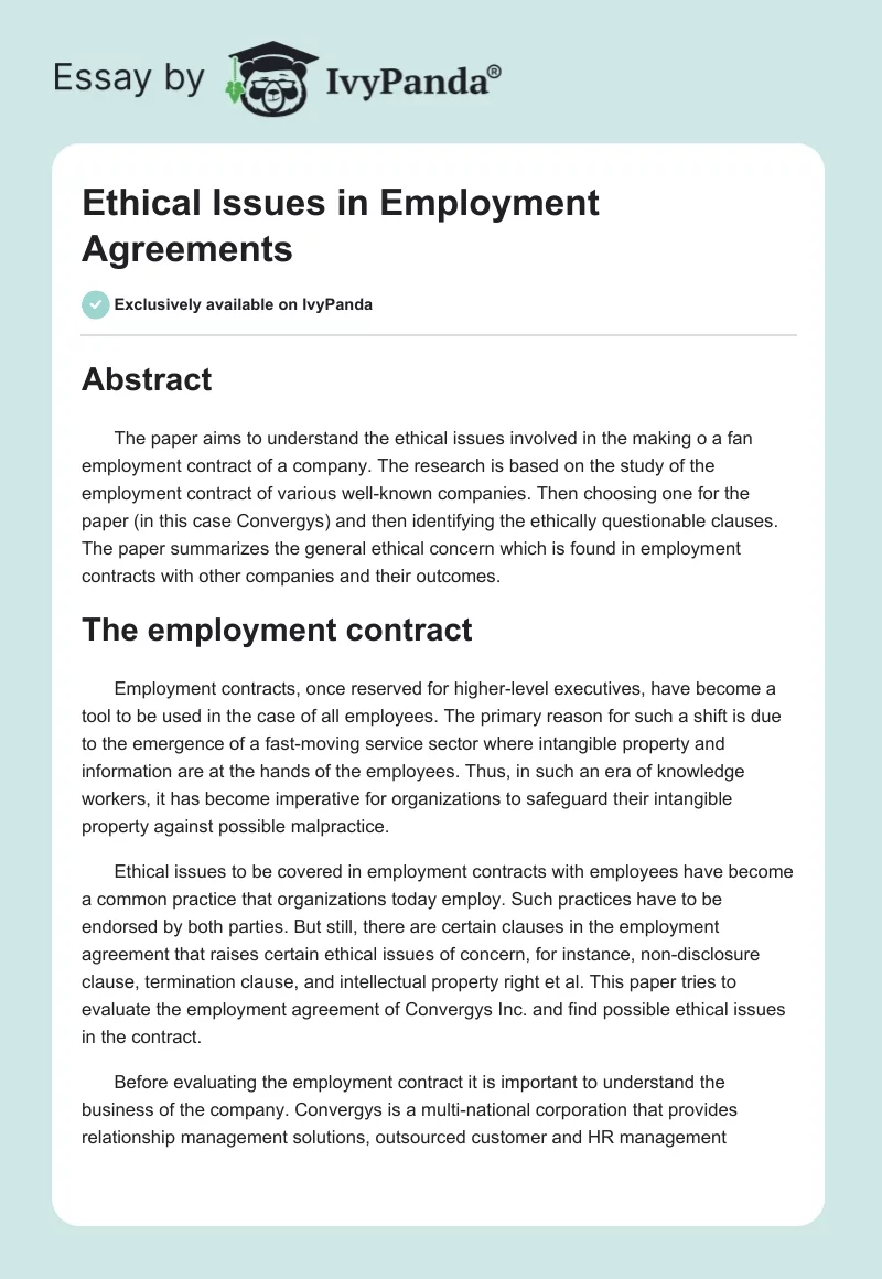 Ethical Issues in Employment Agreements. Page 1