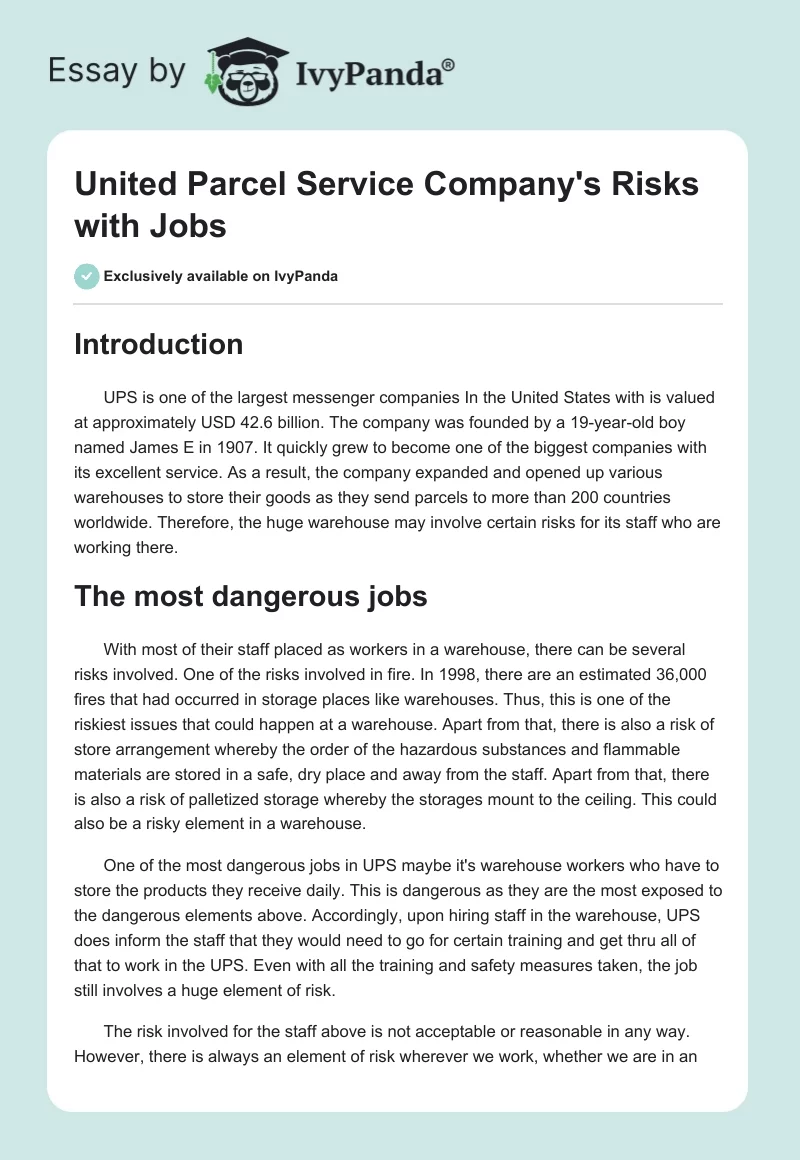 United Parcel Service Company's Risks with Jobs. Page 1