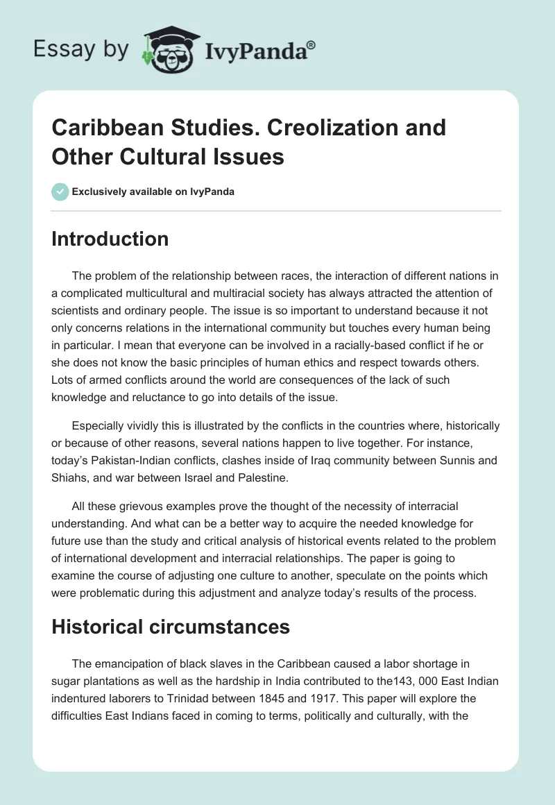 Caribbean Studies. Creolization and Other Cultural Issues. Page 1