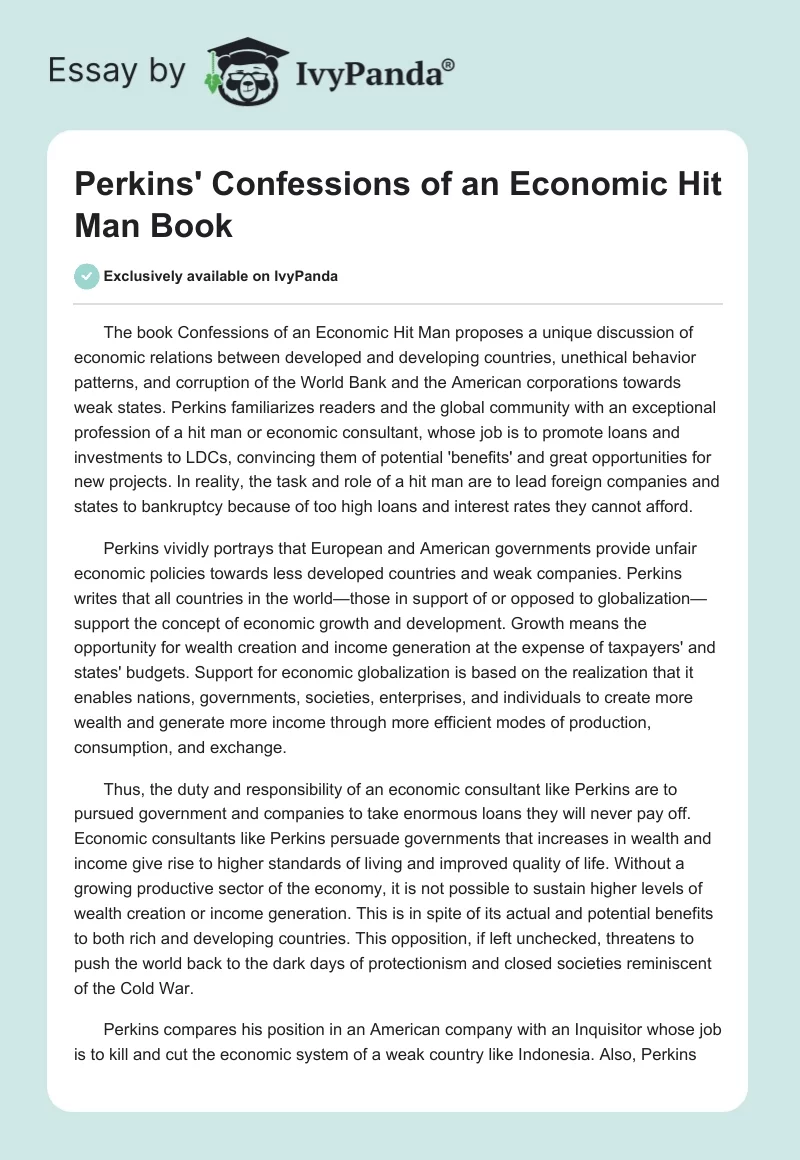 Perkins' "Confessions of an Economic Hit Man" Book. Page 1