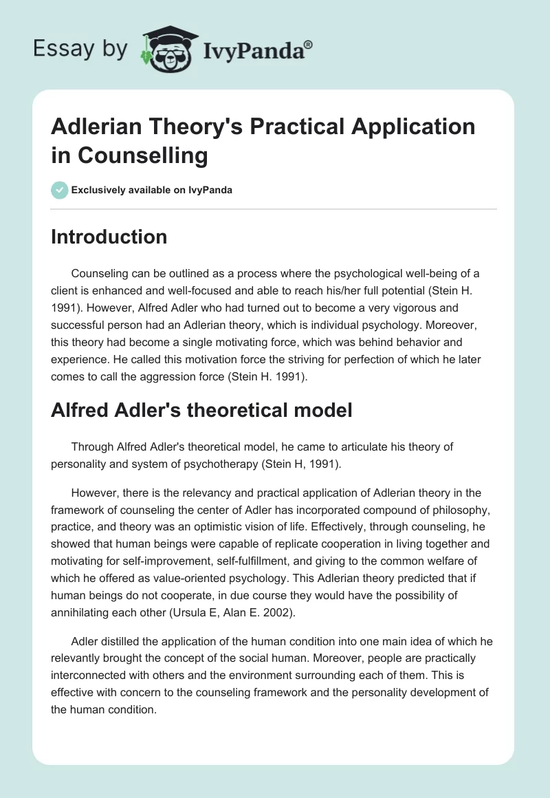 Adlerian Theory's Practical Application in Counselling. Page 1
