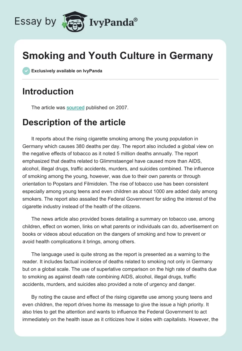 Smoking and Youth Culture in Germany. Page 1
