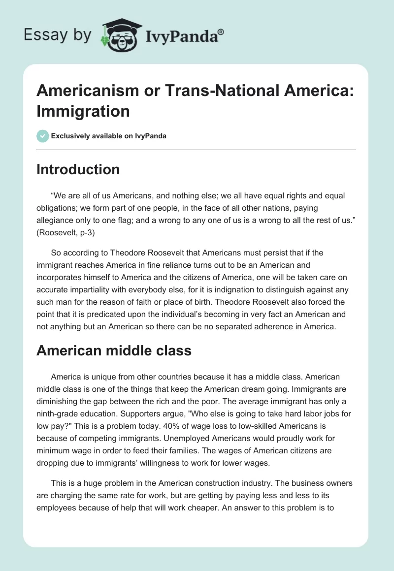 Americanism or Trans-National America: Immigration. Page 1