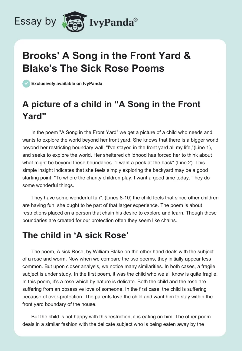 Brooks' "A Song in the Front Yard" & Blake's "The Sick Rose" Poems. Page 1