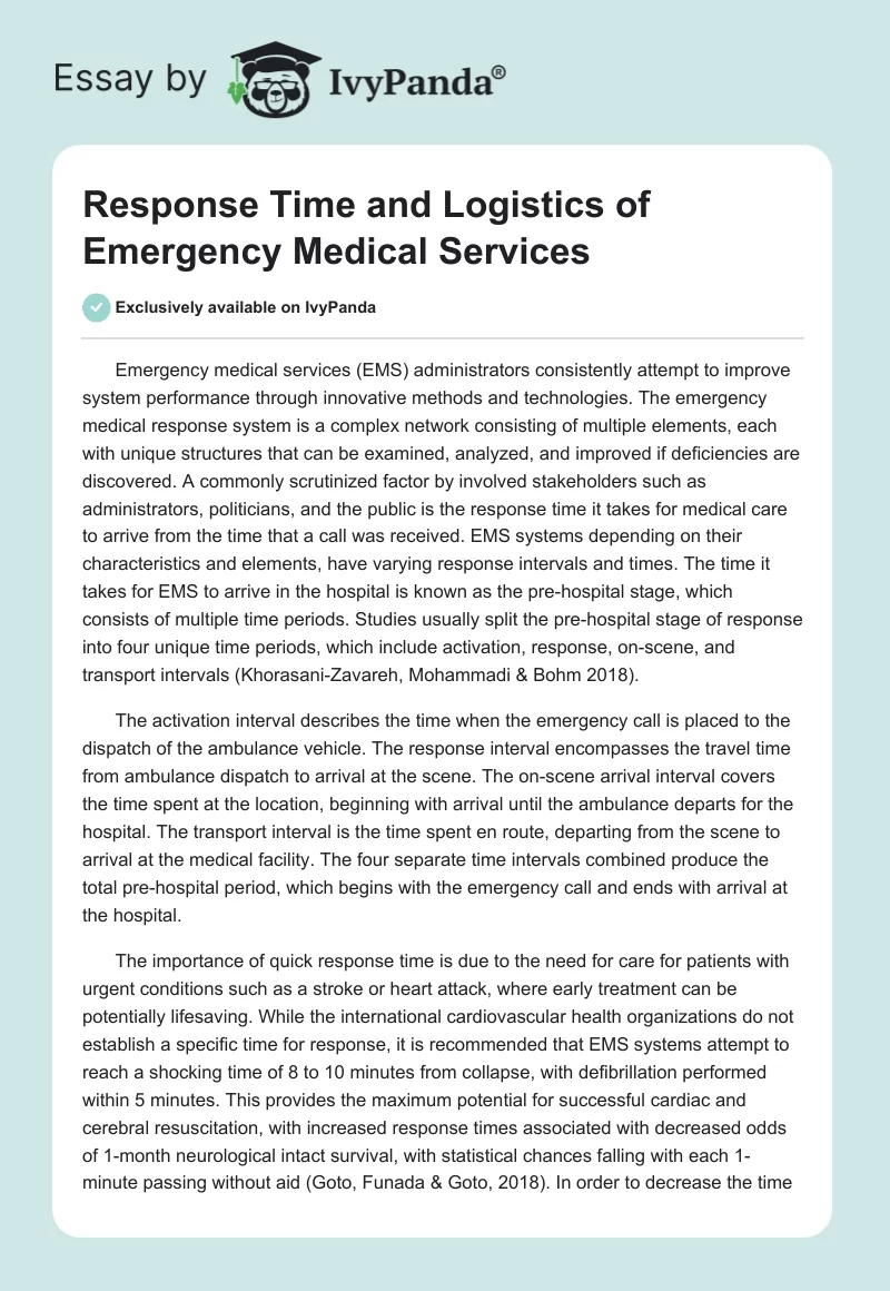 Response Time and Logistics of Emergency Medical Services. Page 1