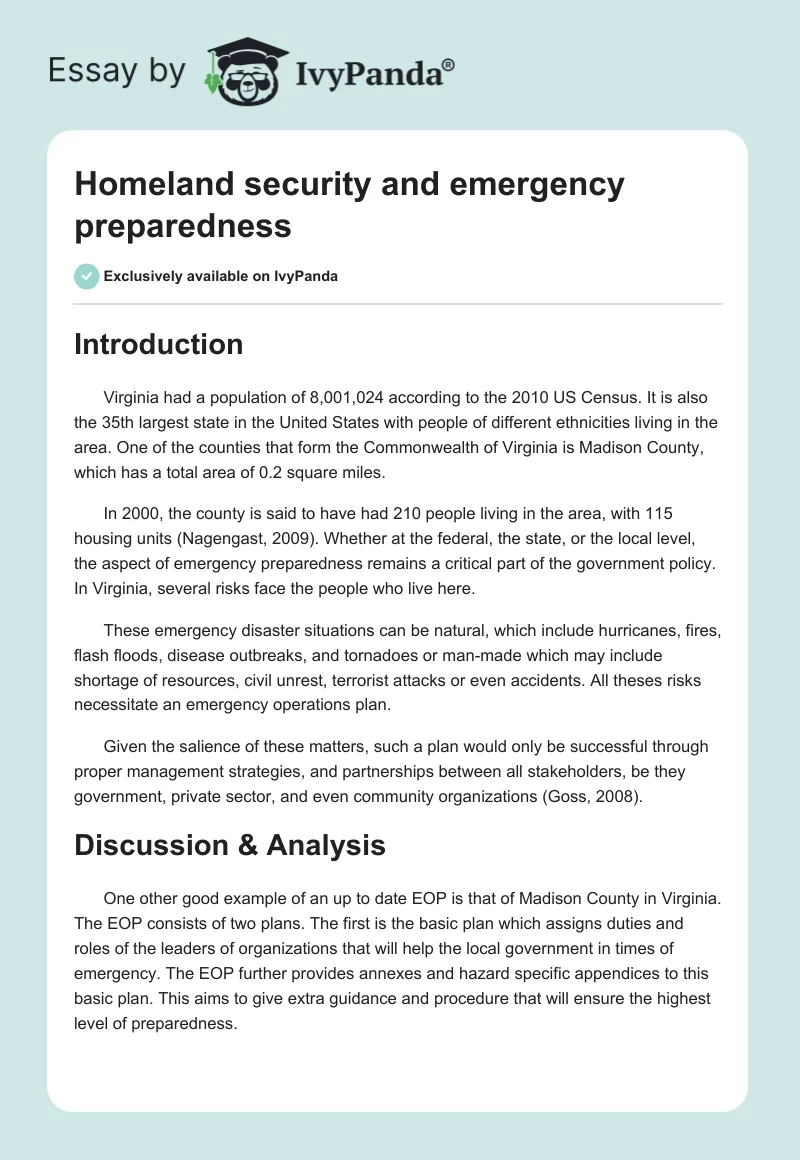 Homeland security and emergency preparedness. Page 1