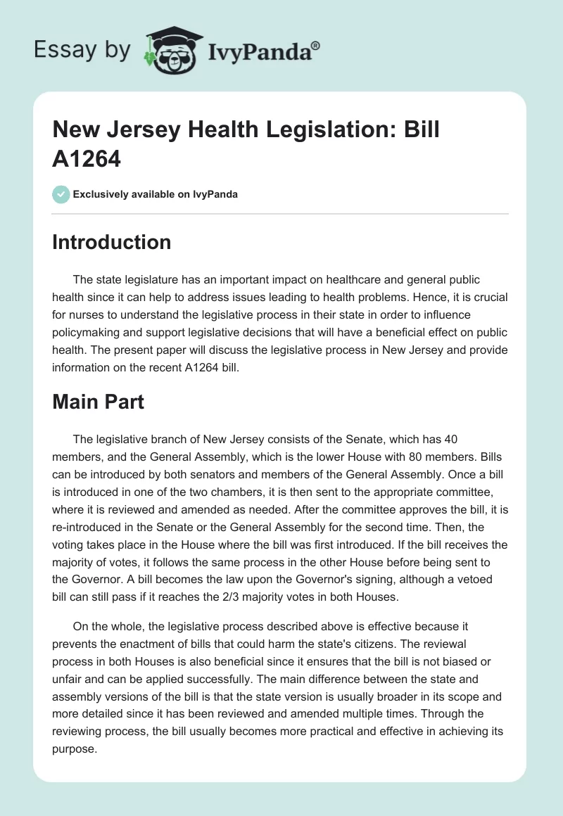 New Jersey Health Legislation: Bill A1264. Page 1