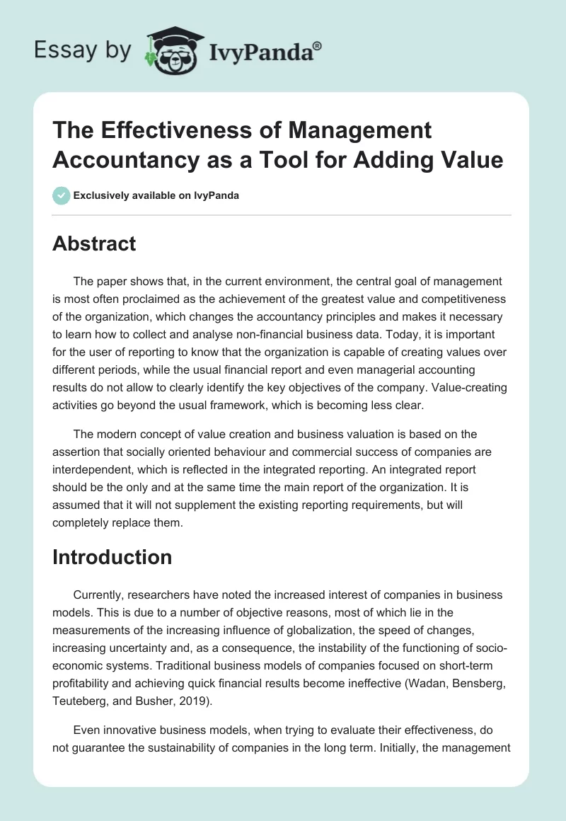 The Effectiveness of Management Accountancy as a Tool for Adding Value. Page 1