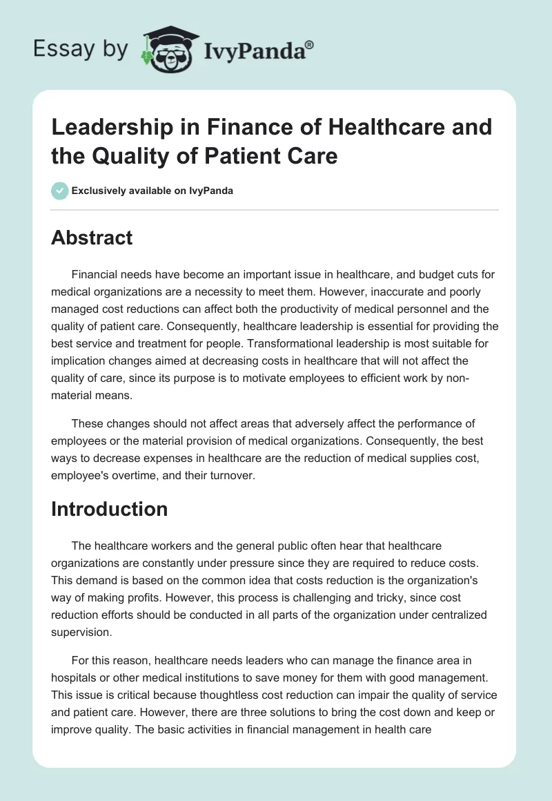Leadership in Finance of Healthcare and the Quality of Patient Care. Page 1