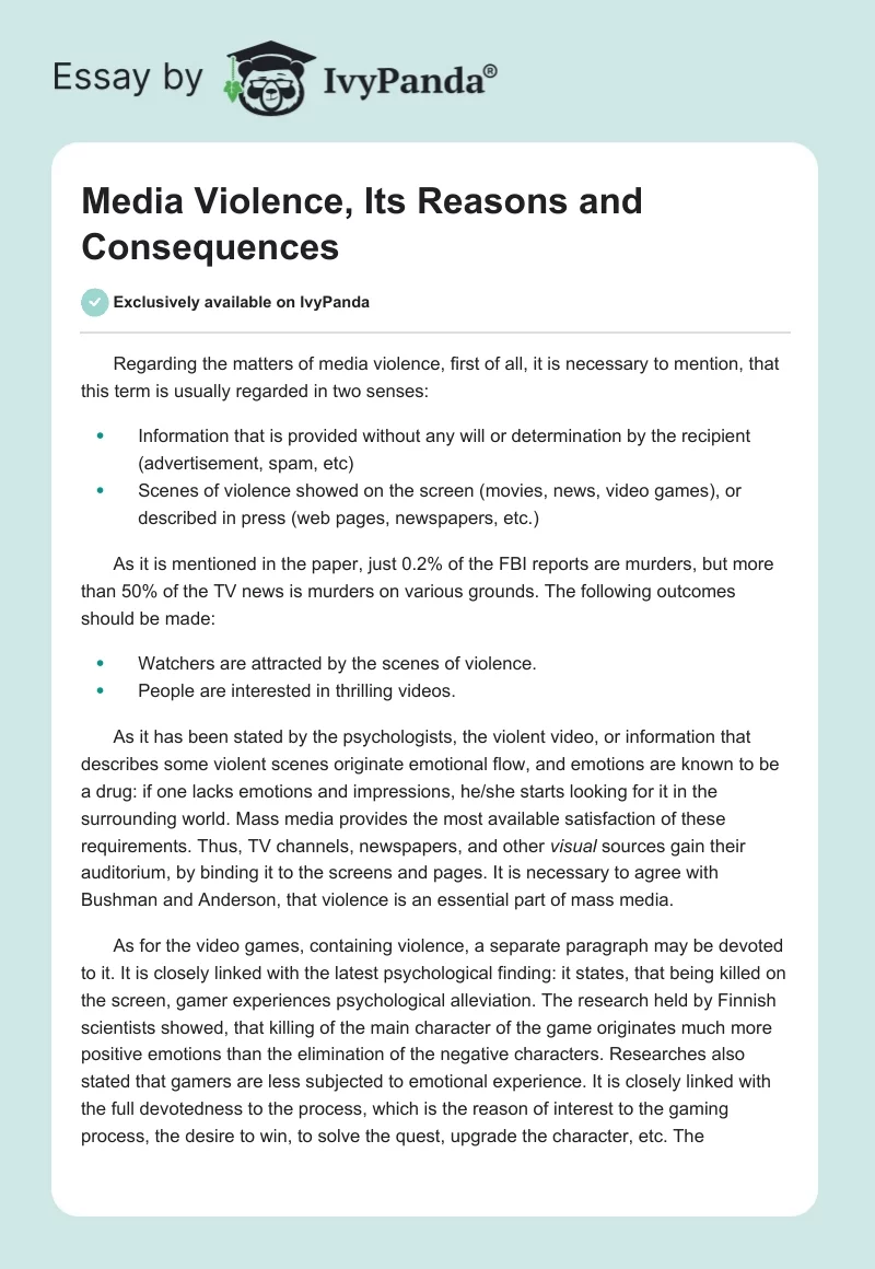 Media Violence, Its Reasons and Consequences. Page 1