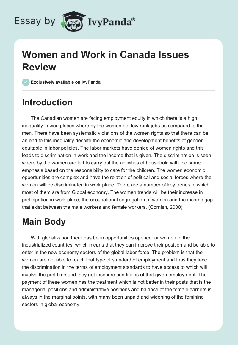 Women and Work in Canada Issues Review. Page 1