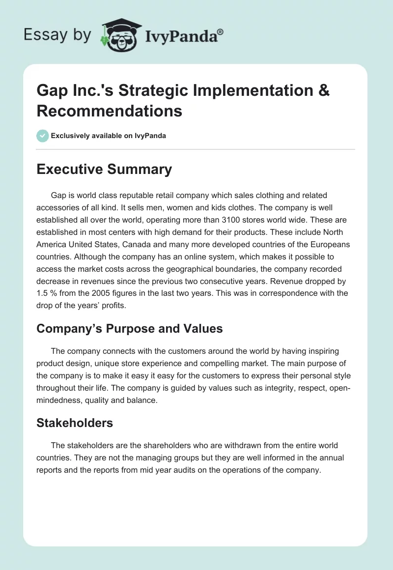 Gap Inc.'s Strategic Implementation & Recommendations. Page 1