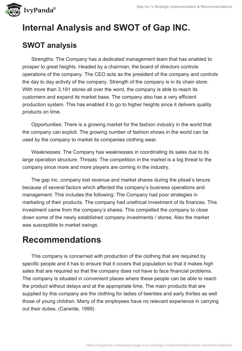 Gap Inc.'s Strategic Implementation & Recommendations. Page 2