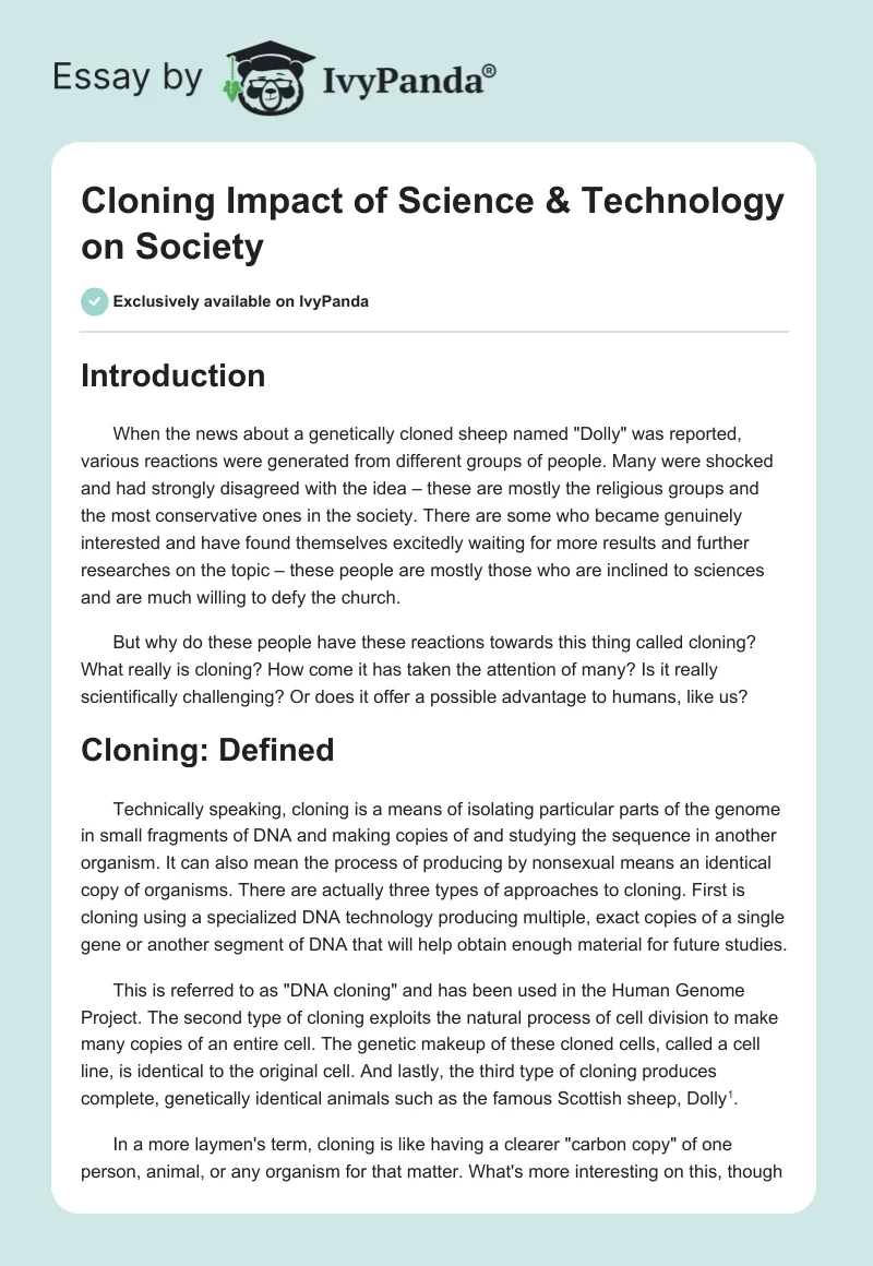 Cloning Impact of Science & Technology on Society. Page 1