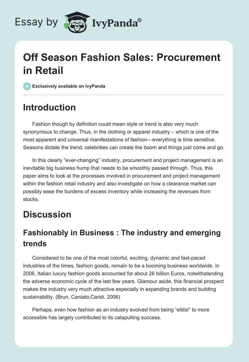 Off Season Fashion Sales: Procurement in Retail. Page 1