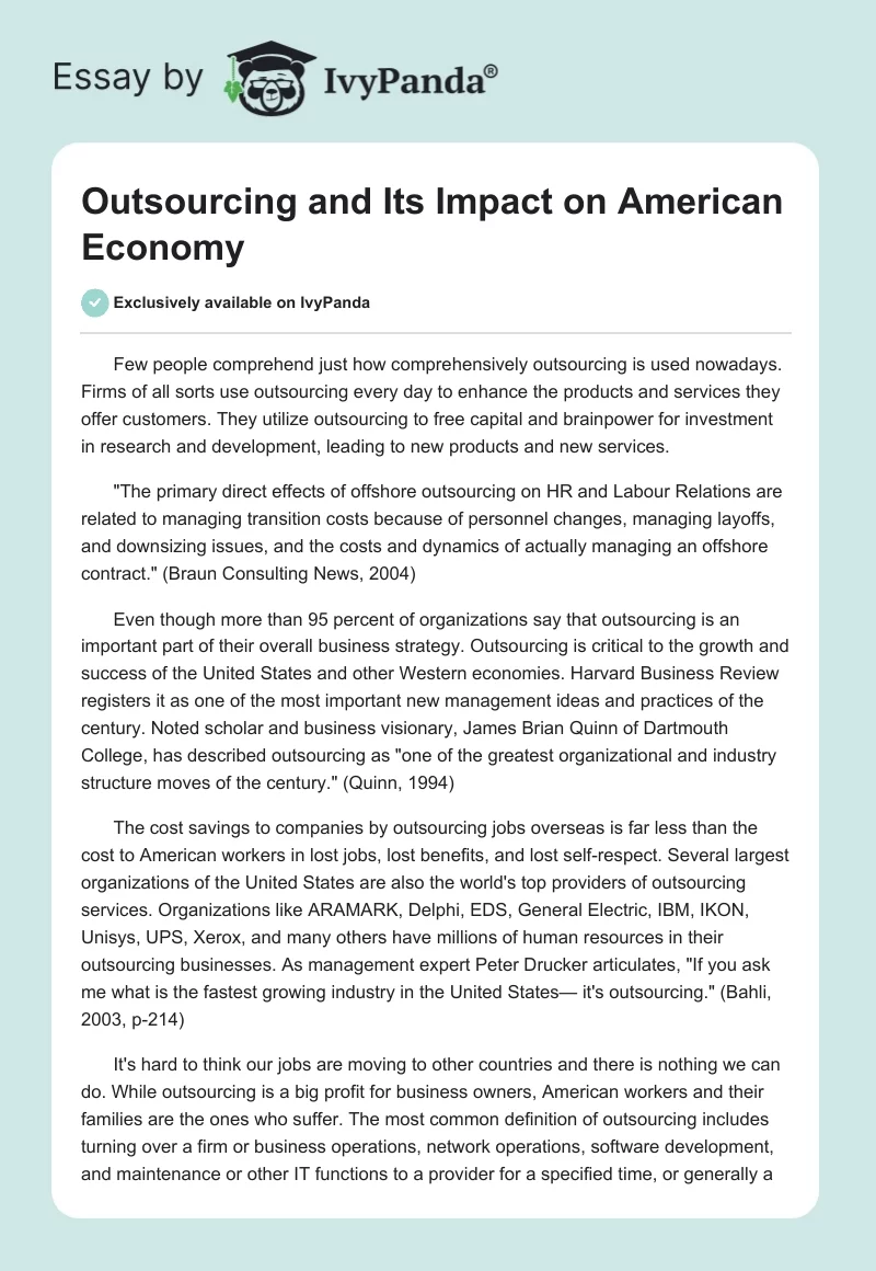 Outsourcing and Its Impact on American Economy. Page 1