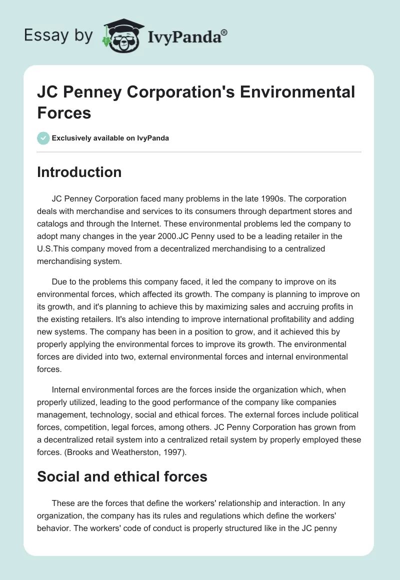 JC Penney Corporation's Environmental Forces. Page 1