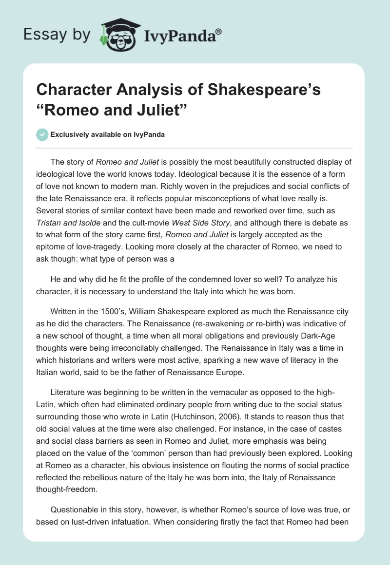 Character Analysis of Shakespeare’s “Romeo and Juliet”. Page 1