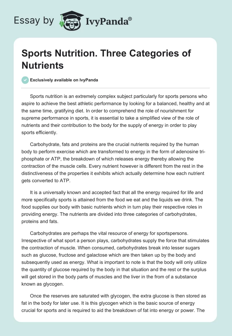 Sports Nutrition. Three Categories of Nutrients. Page 1