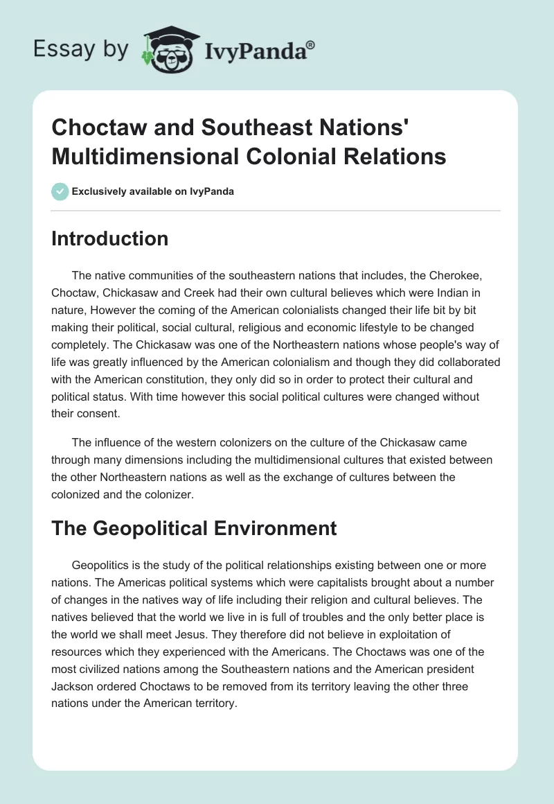 Choctaw and Southeast Nations' Multidimensional Colonial Relations. Page 1