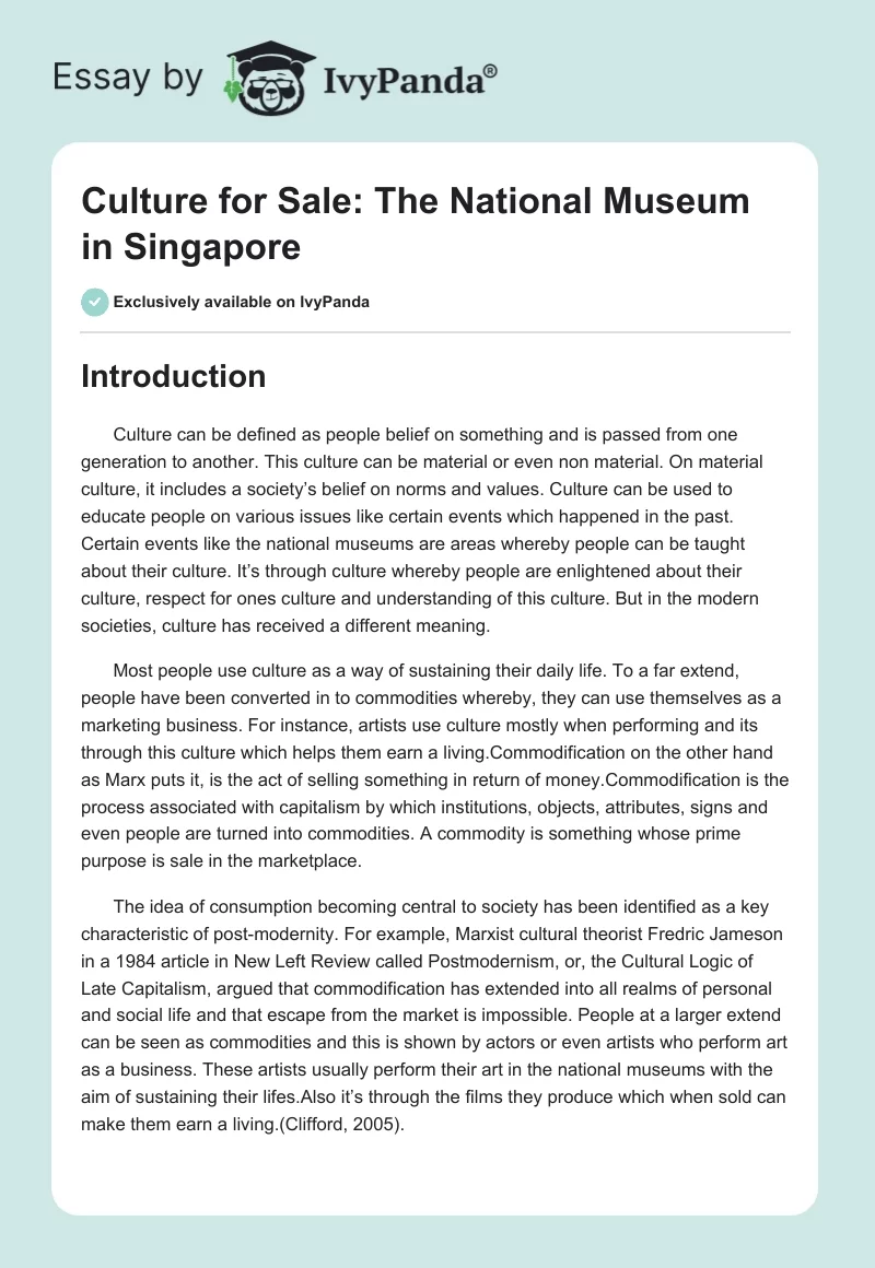 Culture for Sale: The National Museum in Singapore. Page 1