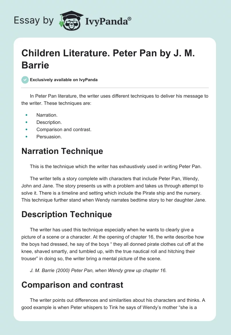 Children Literature. "Peter Pan" by J. M. Barrie. Page 1