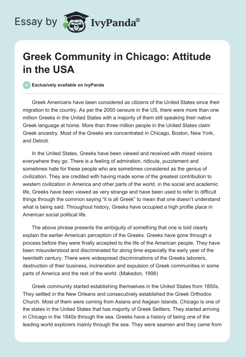 Greek Community in Chicago: Attitude in the USA. Page 1